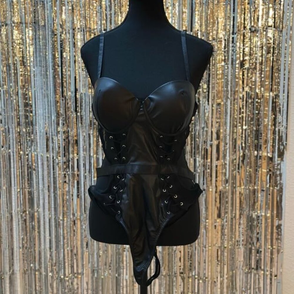 NWT Body Rage Intimates black leather and mesh body suit with cutouts and cups